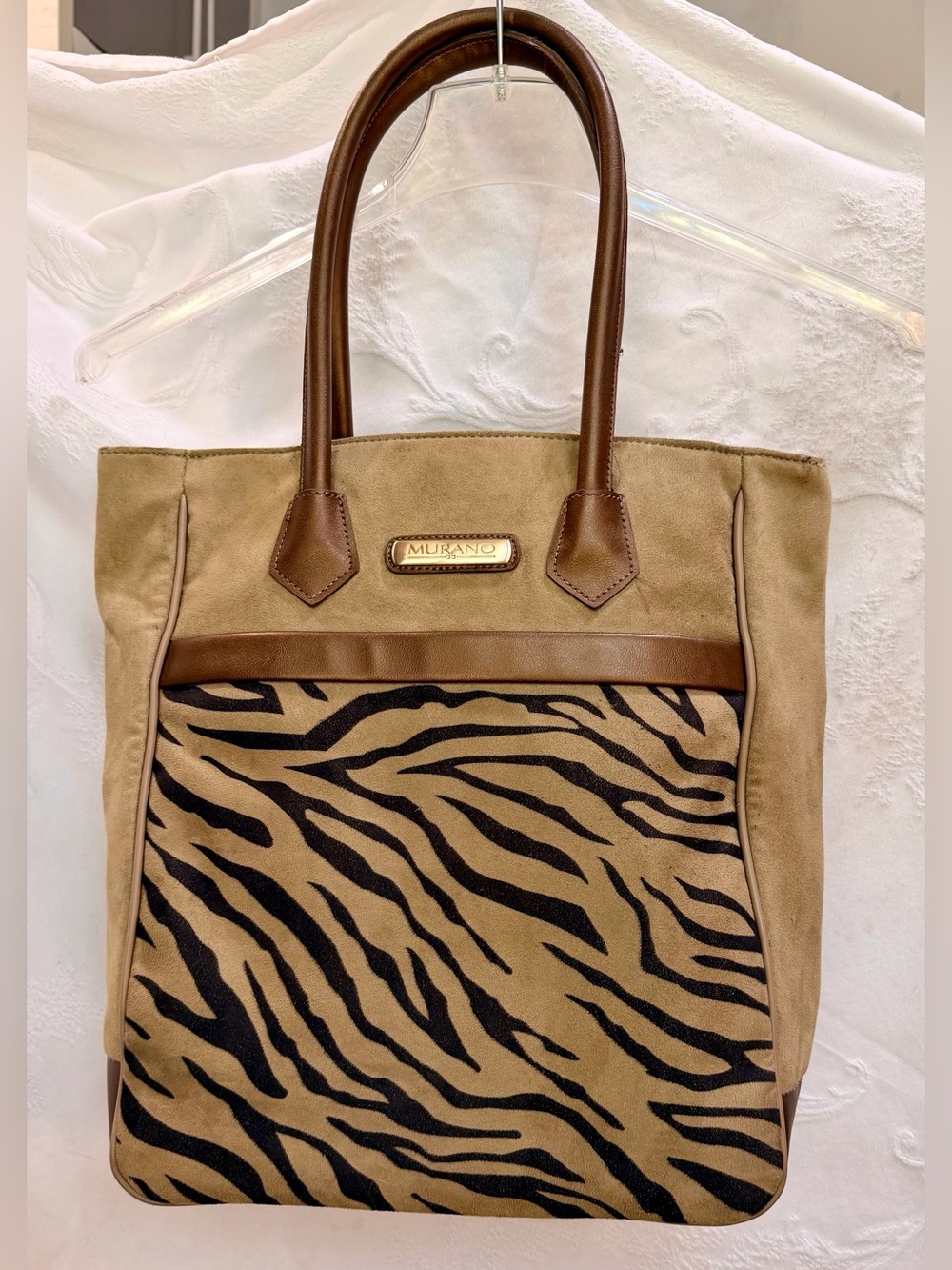 Murano Suede Brown and Black Zebra-Accent Tote H0013